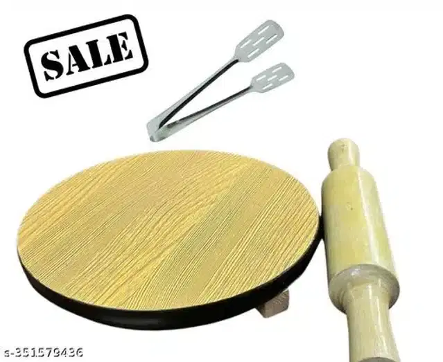 Wooden Chakla with Belan & Cooking Tong, Beige & Silver, Set of 3