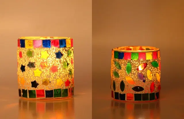 Glass Decorative Tea Light Holders, Multicolor, Pack of 2