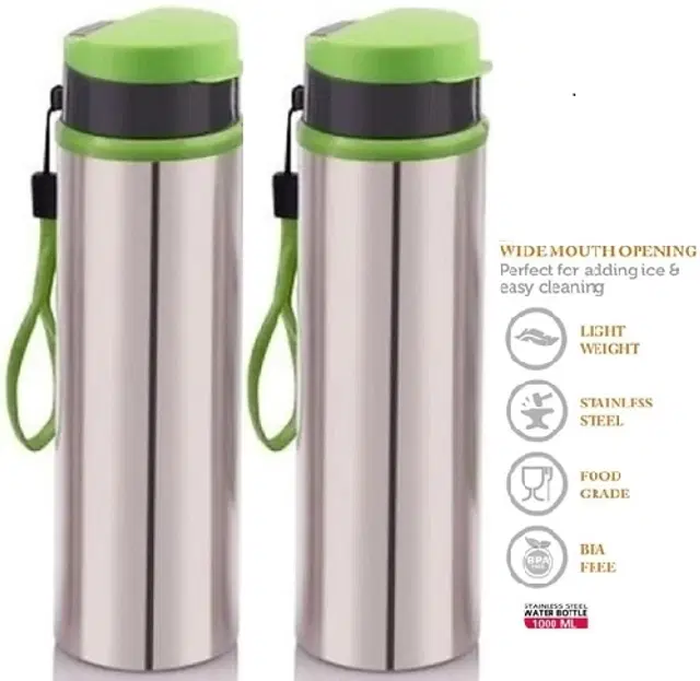 Stainless Steel Water Bottle, Silver & Green, 900 ml, Pack of 2