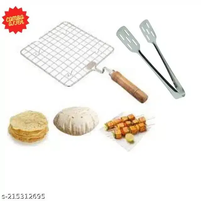 Stainless Steel BBQ Grill with Cooking Tong, Silver, Set of 2