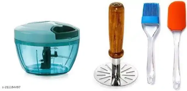 Combo of Manual Chopper, Masher, Oil Brush & Spatula, Multicolor, Set of 4