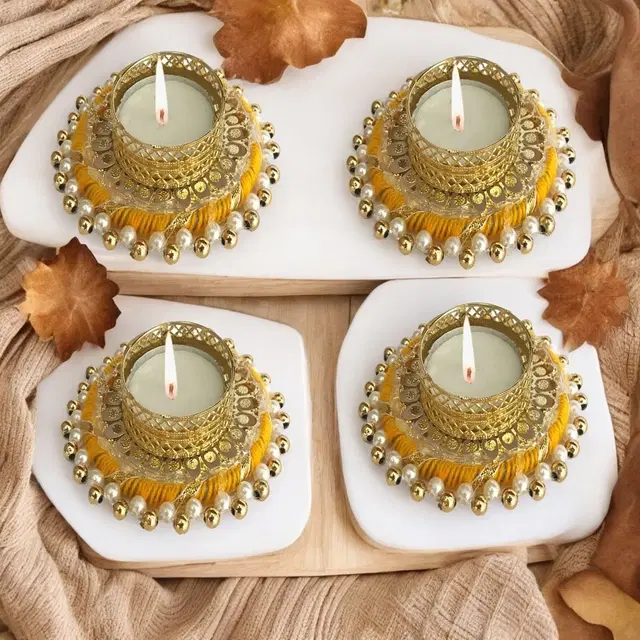 Metal Designer Tealight Candle Holder, Yellow, 9x8x1.8 cm, Pack of 4