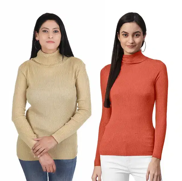 Full Sleeves High Neck Sweater for Women, Pack of 2 (Beige & Orange, S)