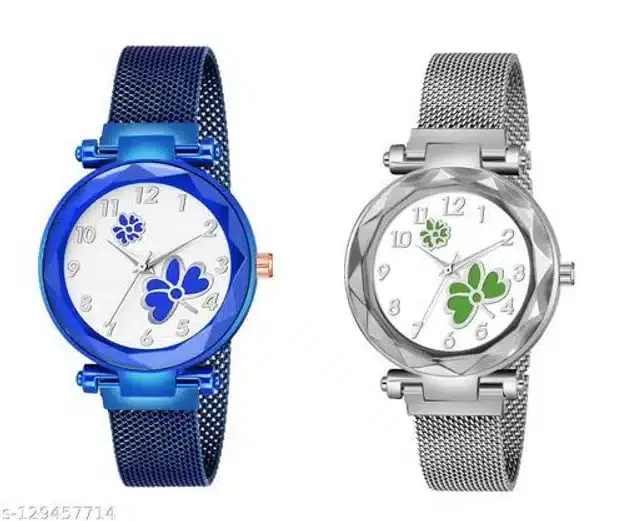 Analog Watch for Women, Pack of 2 (Blue & Silver)