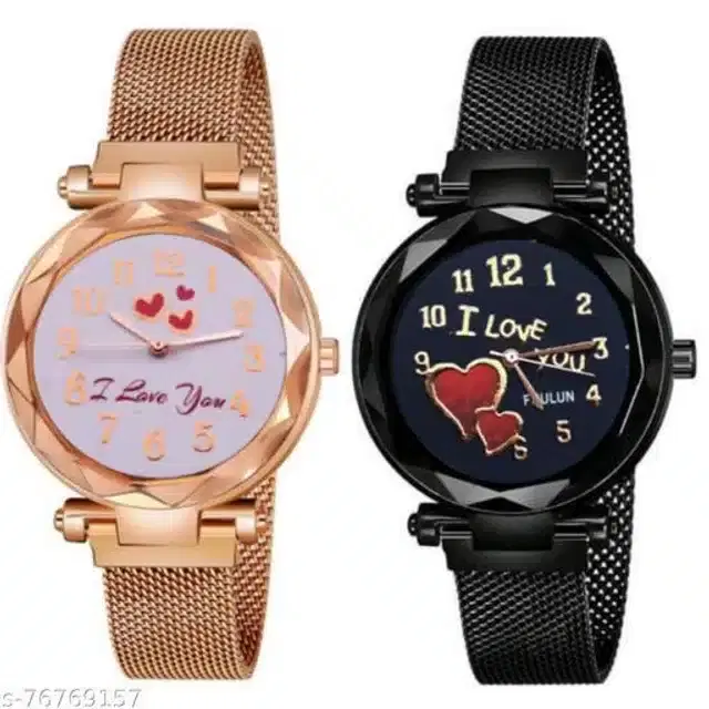 Analog Watch for Women, Set of 2 (Rose Gold & Black)
