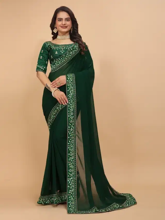 Georgette Embroidered Saree for Women, Green