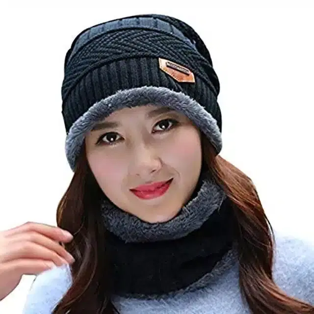 Winter Cap with Neck Warmer for Men & Women, Set of 1 (Black)