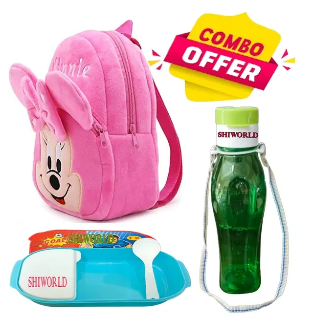 Combo of Fabric School Bag, Water Bottle with Lunch Box for Kids, Multicolor, Set of 3