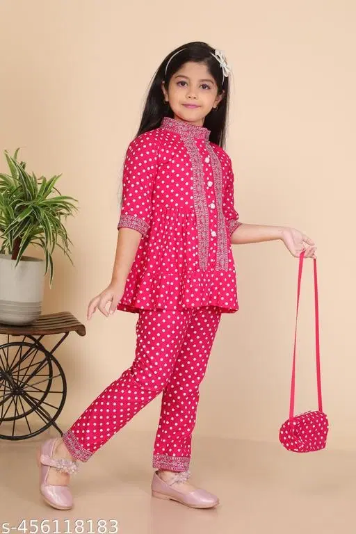 Embroidered Rayon Kurta Set for Girls (Pink, 4-5 Years)