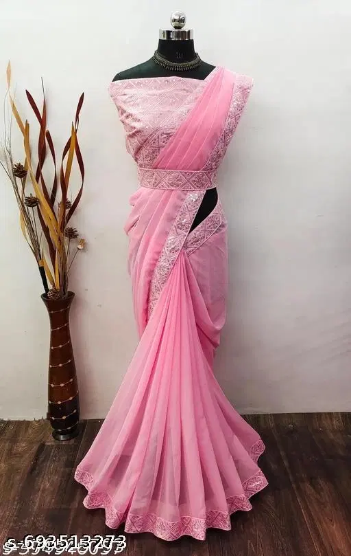 Georgette Embellished Saree For Women, Pink