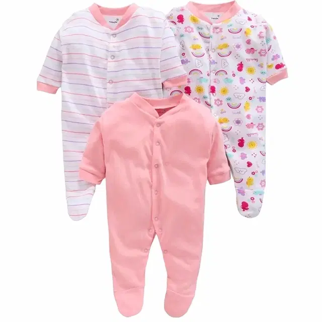 Hosiery Cotton Printed Rompers for Kids, Multicolor, Pack of 3 (3-6 Months)