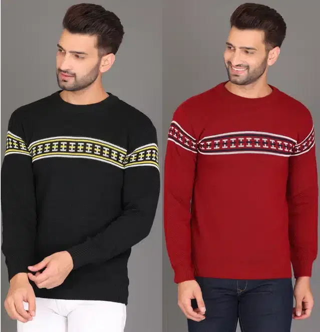 Cotton Jersey Printed Sweater for Men, Pack of 2 (Black & Maroon, M)