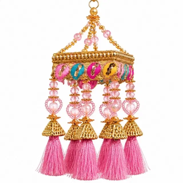 Pink Crystal Beads Jhoomer With Floral Square Border