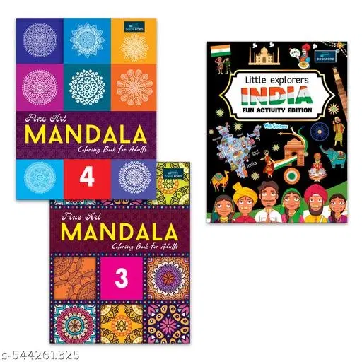 Little Explore INDIA Fun Activity & Sticker Book + Fine art Mandala Colouring Book for Adult Part 3 & 4 – Set of 3 Creative Activity & Colouring Books for Kids & Adults