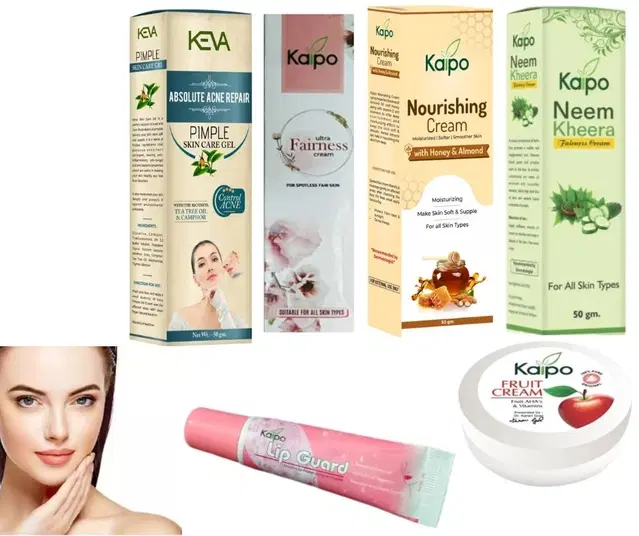 Kaipo Honey Almond Nourishing Cream, 50 g with Ultra Fairness Cream, 50 g, Neem Kheera Fairness Cream, 50 g, Keva Pimple Skin Acne Care Gel, 50 g & Kaipo Fruit Cream, 15 g Kaipo Lip Guard, 10 g, Set of 6