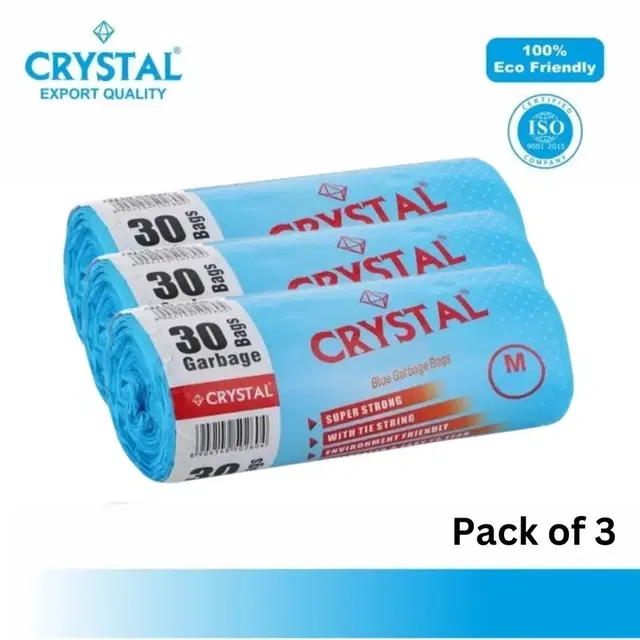Crystal Garbage Bags 19 X 21 Inches (Medium Size) 30pcs (1 Rolls) Dustbin Bag/Trash Bag - Blue Color (Pack of 3)