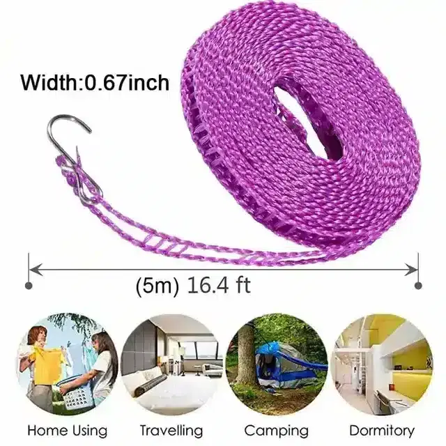 K Kudos Windproof Anti-Slip Clothes Washing Line Drying Nylon Rope With Hooks 5 Meter