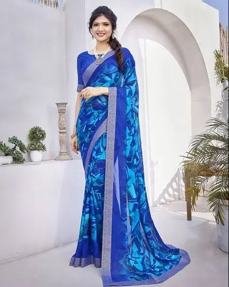 Georgette Printed Saree for Women, Blue (6.3 m)