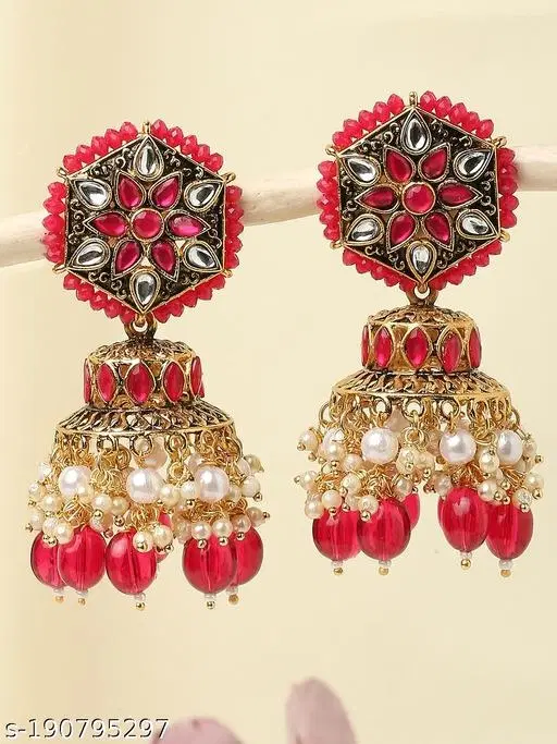 HighGold oxidised Rani Bandhai Crystal Pearl Premium Jhumkha for Women (Red, Free Size)