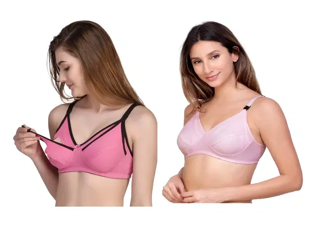 Cotton Blend Solid Non Padded Feeding Bras for Women, Pack of 2 (Multicolor, 32)