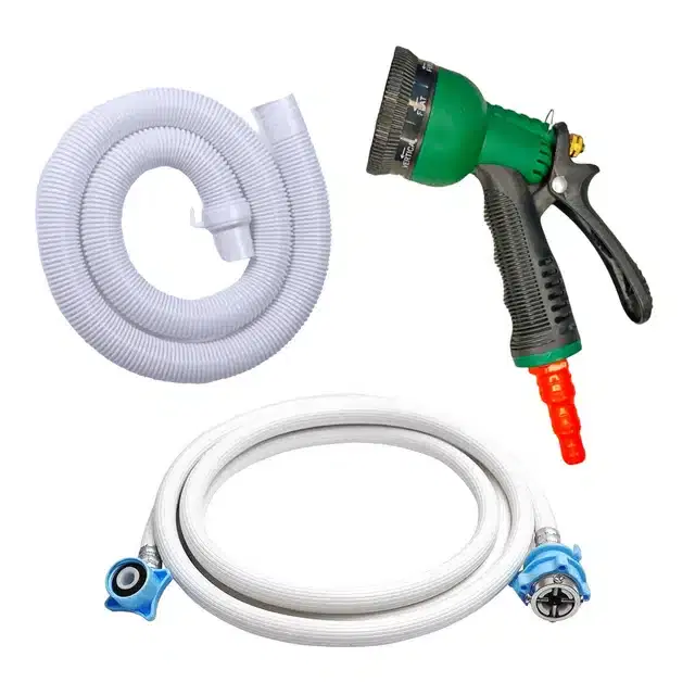 LAZYwindow 8 in 1 Garden Hose Nozzle Water Spray Gun with Semi Automatic Water Outlet Pipe & Fully Automatic Inlet Hose Pipe with Tap Adaptor for Washing Machine, Green, Pack of 3