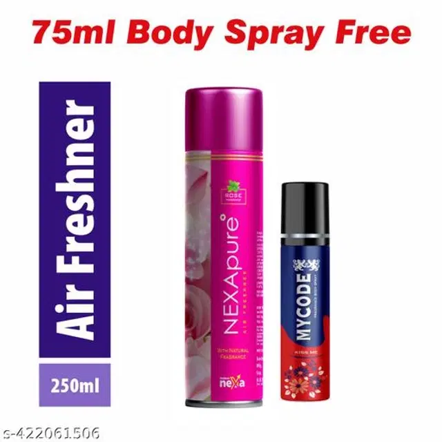 Nexa Rose Air Freshener, 250 ml with MYCODE Kiss Me Body Spray, 75 ml, Set of 2