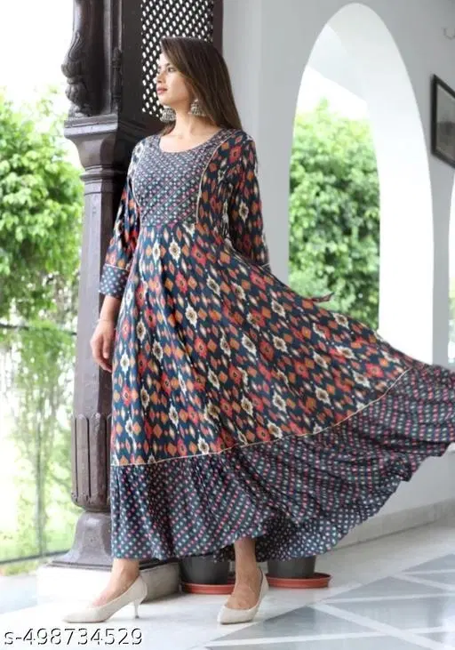 Rayon Printed Anarkali Kurti for Women, Multicolor (XXL)