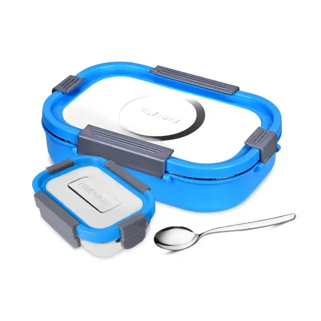 Stainless 2 Containers Lunch Box, 1x1000 ml, 1x200 ml with Spoon, Blue, Set of 1