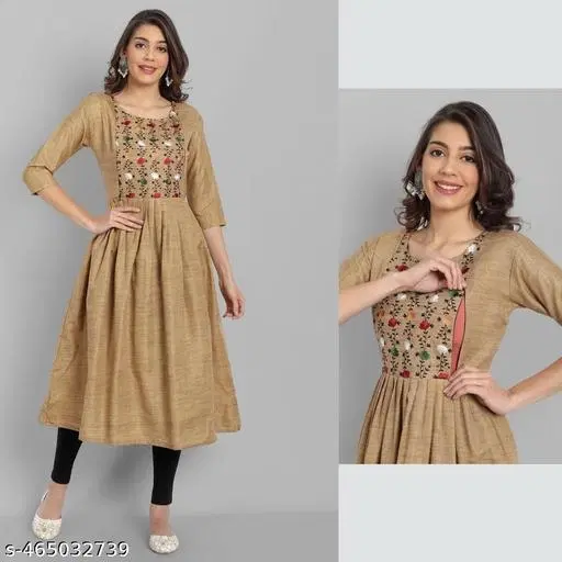 Botanical Embroidered Maternity Kurti (Beige, M)
