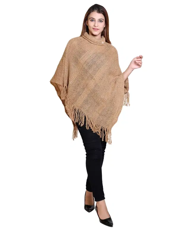 Woolen Self-Design Ponchos for Women (Brown, M)