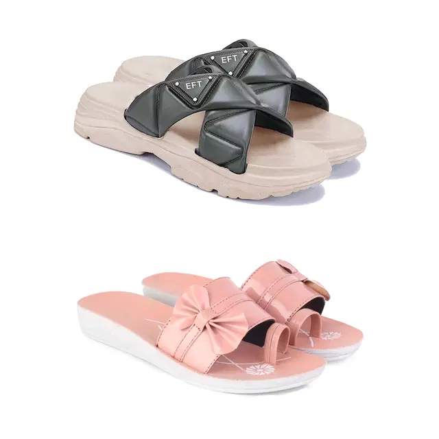 Combo of Sliders & Flats for Women, Set of 2 (Multicolor, 7)