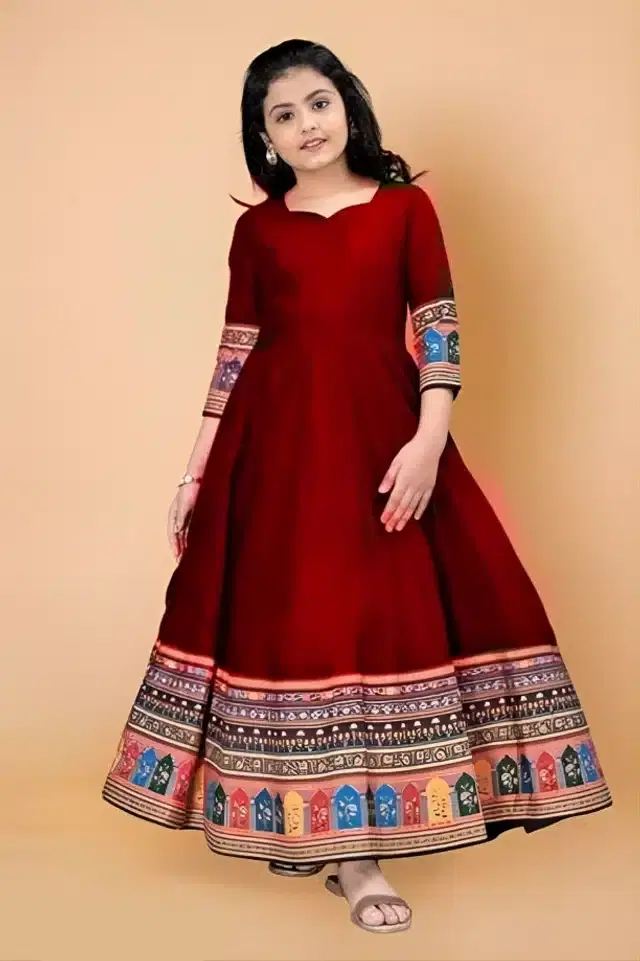 Polyester Printed Ethnic Gown for Girls (Red, 10-11 Years)