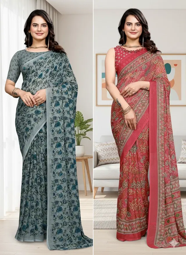 Georgette Printed Saree for Women, Multicolor, Pack of 2 (6.3 m)