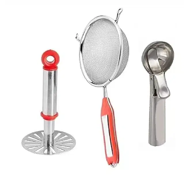 Stainless Steel Masher with Strainer & Ice Cream Scooper, Silver, Set of 3