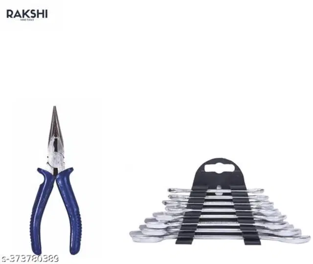 Combination Wrench Hand Tool Set, 8 Pcs with Long Nose Plier, Silver & Blue, Set of 2