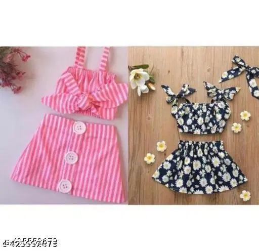 Rayon Printed Clothing Set for Girls, Pink & Black, Pack of 2 (6-7 Years)