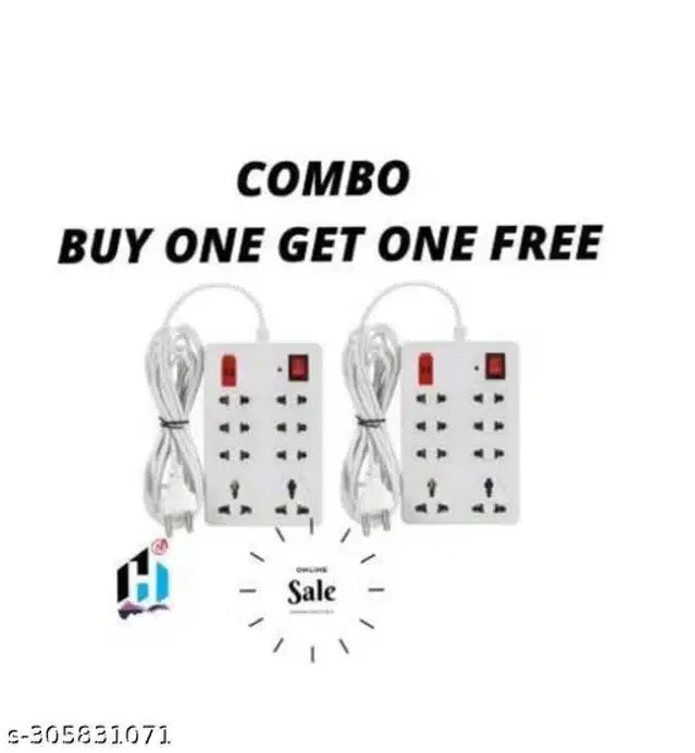 Plastic 8 Socket Extension Board, White, Pack of 2