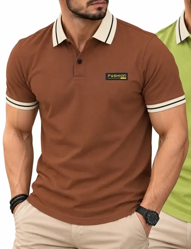 Collar Neck Solid T-shirts for Men, (Light Orange, L)