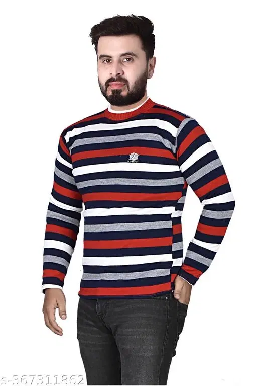 Woolen Striped Sweater for Men (Red, L)