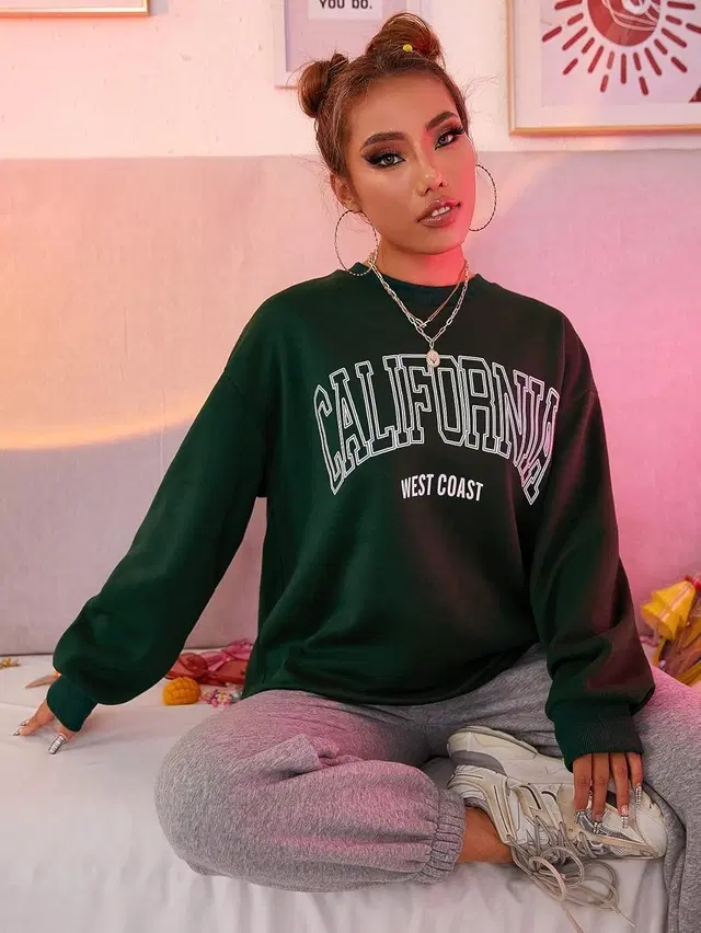 Women's Graphic Print Long Sleeve Round Neck Sweatshirt, Dark Green (L)