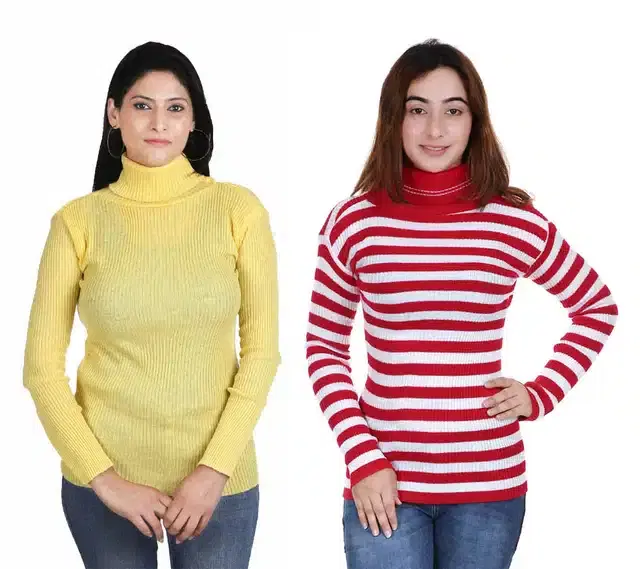Full Sleeves Solid Sweater for Women, Pack of 2 (Yellow & Red, S)