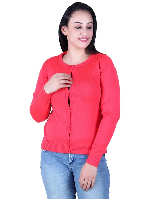 Round Neck Solid Cardigans for Women (Pink, L)