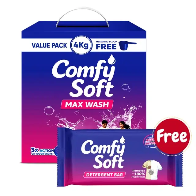 Comfy Soft Max Wash Detergent Powder 4 Kg Box + Comfy Soft  Detergent Bar 200 g (Free)