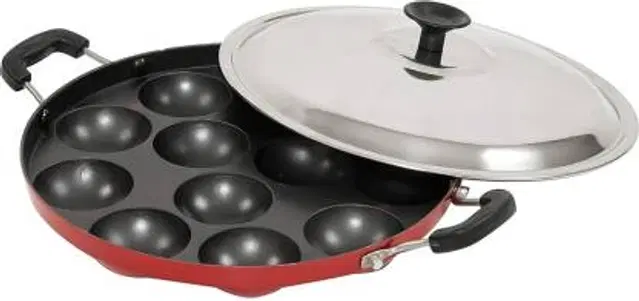 ZODEX 12 Cavities Non Stick Appam Patra with Lid and Side Handle, Multicolor, 21 cm