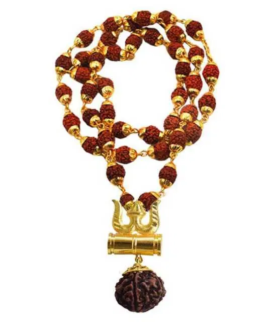 BHARDWAJ RETAILS Bhardwaj Retails Loard Shiv Trishul Damru Locket With Puchmukhi Rudraksha Mala Gold-plated Brass, Pack of 1 (Assorted) (BR59)