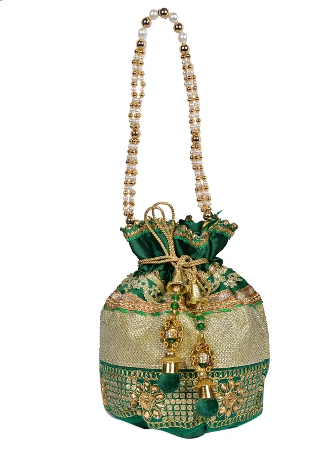 Silk Floral Ethnic Rajasthani Traditional Work Potli with Handle for Return Gifts, Green