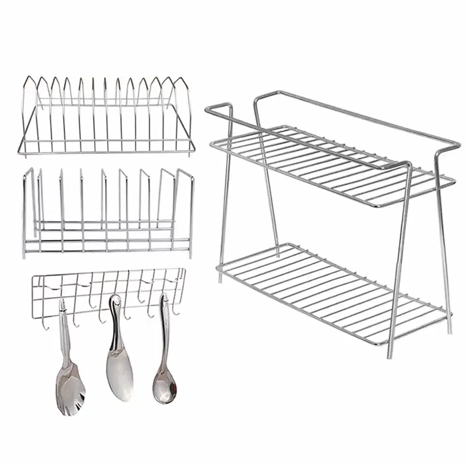 Oc9 Stainless Steel Spice Rack 2 Shelf & Plate Stand & Wall Mounted Ladle Hook Rail For Kitchen, Pack Of 2, Oc-278