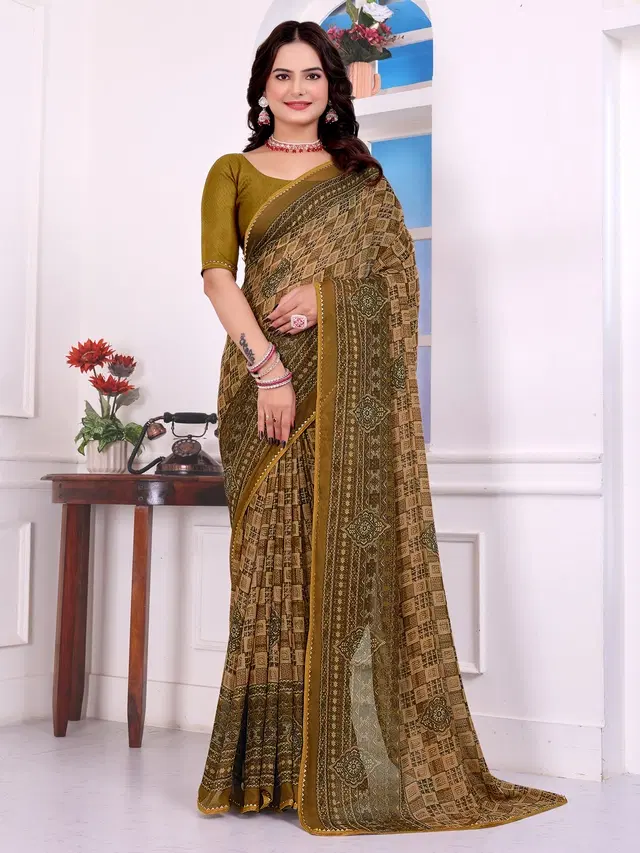 Georgette Printed Saree for Women (Mustard, 6.3 m)