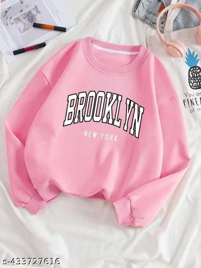 Fleece Printed Sweatshirt for Women (Pink, S)