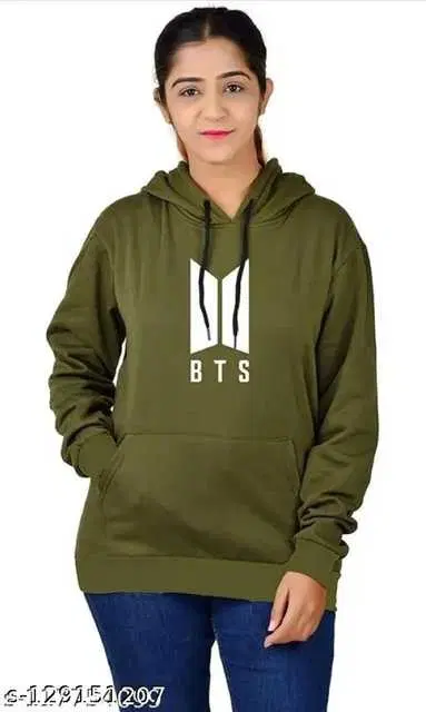 Women's Trendy Regular Fit BTS Printed Hoodie (Olive Green, M) (PC-10)